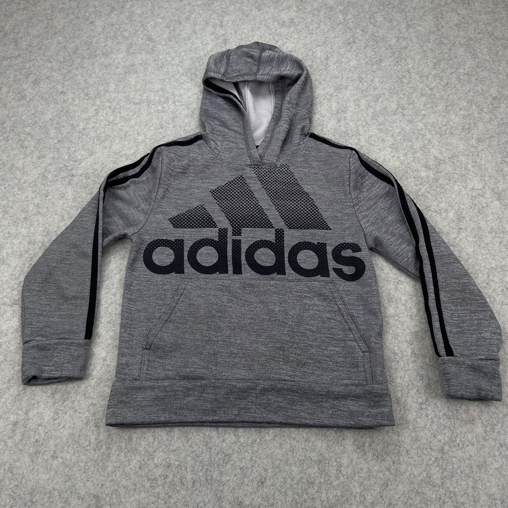 Adidas Hoodie Boys 8 Gray Pullover Fleece Big Logo 3 Stripe Sweatshirt Athletic